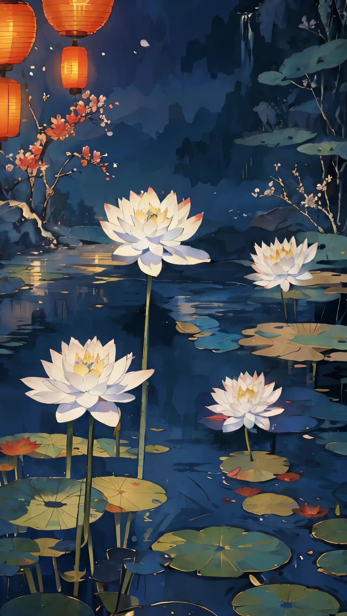  yueyue, scenery, no humans, flower, snow, east asian architecture, tree, architecture, mountain, outdoors, traditional media, lantern, lotus, lily pad, painting \(medium\), sky