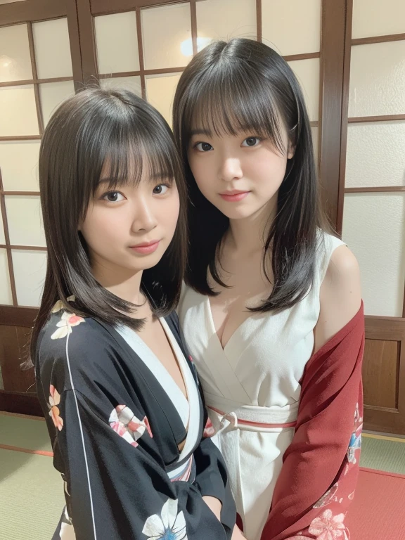 (((Two girls in love 20.0)))(((Highest quality、highest quality、Highest Resolution、Masterpiece、8k)))、(((Detailed face)))(((Cute face)))(((Baby Face)))(((teenage)))、(((Detailed body)))(((Model Body Type)))(((perfect podi line)))、(((Big Breasts 1.0)))(((Fascinating clavicle 1.0)))(((Beautiful cleavage 1.0)))(((nsfw)))、(((Long Straight Hair)))（Japanese-style room dimly lit at night、Shining white Japanese lanterns on both sides of the screen）（A window with a star-black night view from the left side of the screen.）short red kimono（Vivid phoenix pattern）（Expose your shoulders、fluffy kimono）（Sit upright with your crotch open on the tatami mat）A futon beautifully laid out in front of you 