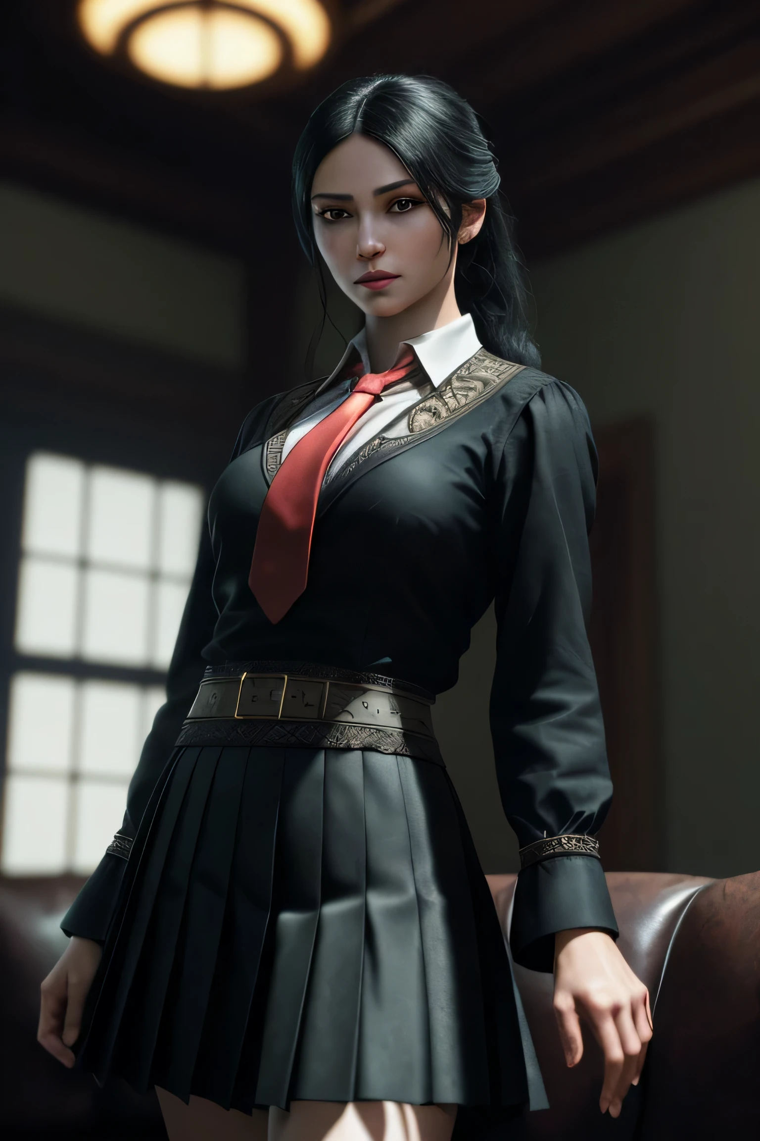 (masterpiece), (extremely intricate:1.3), (realistic), a girl, (dark fantasy, gore), (dynamic perspective), the most beautiful in the world, (kick viewers lightly), indoors, from below, shirt, tie, pleated skirt, smirk, on the couch, Aomori, Haifa, professional photograph of a stunning woman detailed, sharp focus, dramatic, award winning, cinematic lighting, octane render unreal engine, volumetrics dtx, (film grain, blurry background, blurry foreground, depth of field)