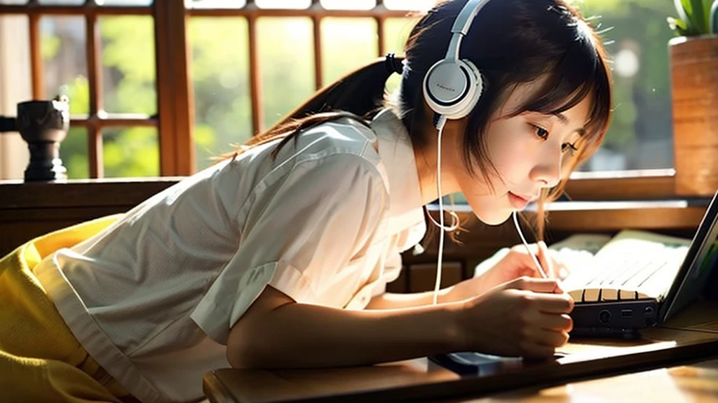 A cute Japanese girl studying or working at her desk、There is a cat nearby、relax、night、Real、focusing、Gentle feeling、wearing headphones、Side view、子There is a cat nearby