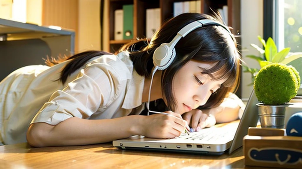 A cute Japanese girl studying or working at her desk、There is a cat nearby、relax、night、Real、focusing、Gentle feeling、wearing headphones、Side view、子There is a cat nearby