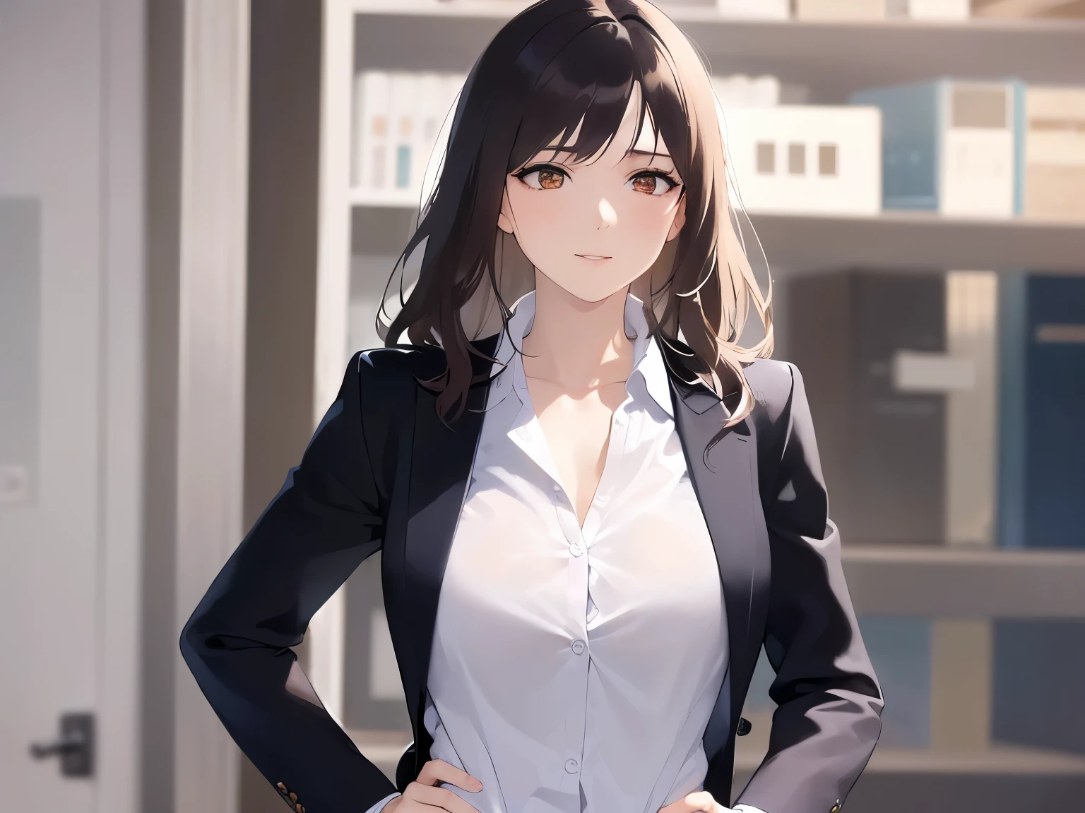 side angle, (looking away:2), Putting hands on hips、Upper Body, Realistic, real person, (pale skin: 1.2), RAW photo, photorealistic, portrait photography, shiny skin, shiny hair、(25 year old woman with medium hair with bangs) and (wavy hair) and (brown hair) and (orange eyes) , (Wearing a business suit:1.5) and (Wearing a white collared shirt)、smile, The background is the office、Alone、Are standing、Bold composition