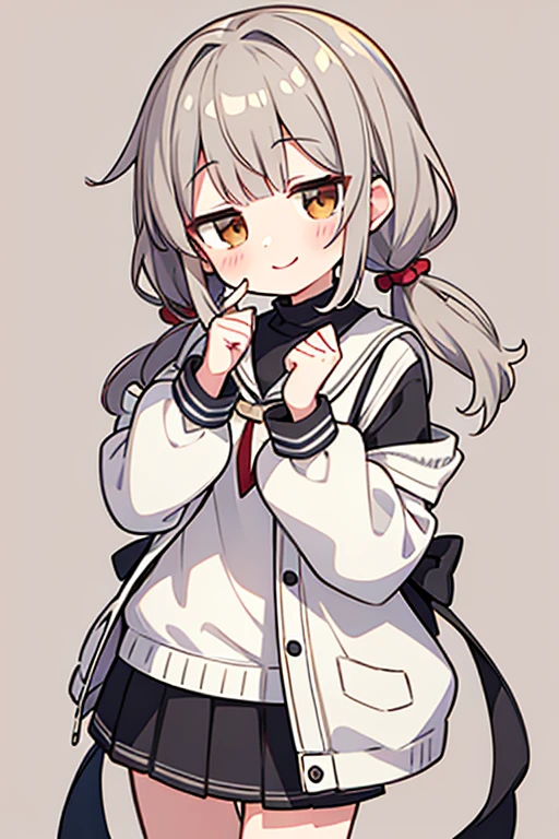 best quality, masterpiece, highres, solo, grey hair, bangs,low twintails,blush, brown eyes,bangs,1girl,skirt, looking_at_viewer,one-piece,fun background,smile