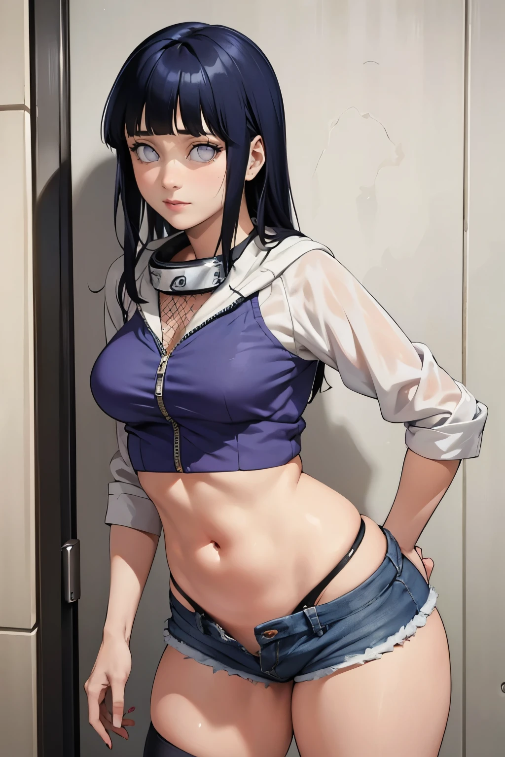 (Hinata Hyuga, very sensual, in a funk girl outfit, Brazilian, from Rio, dancing funk, wiggling, big ass, thick legs, wearing short denim shorts, wearing a mini blouse, pierced navel, Nike sneakers, big hair, speaker behind, very realistic, extremely sexy, 8k, 8k extremely detailed), (an extremely delicate and beautiful masterpiece), (best quality: 1.0), (ultra high resolution: 1.0)