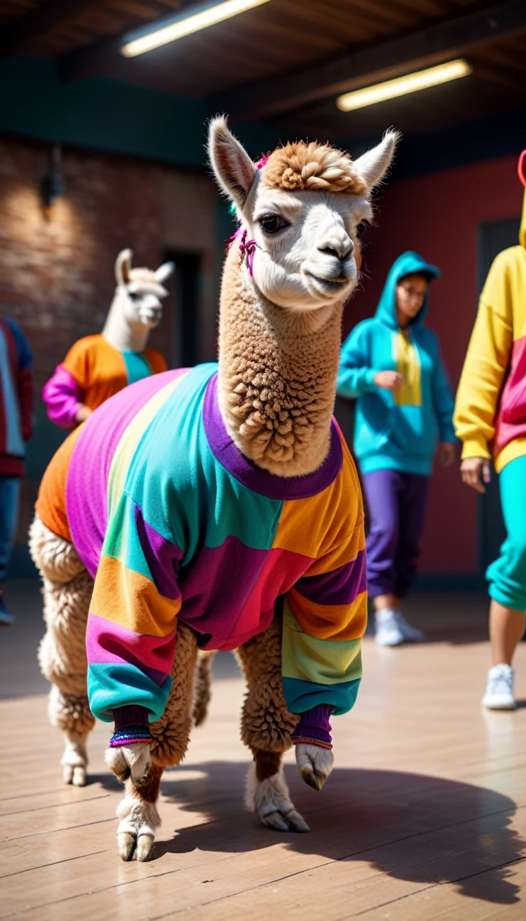 realistic photo, anamorphic alpaca, breakdancing alpaca, wearing loose colorful dance clothes, raw photo, shallow depth of field, Immersive background