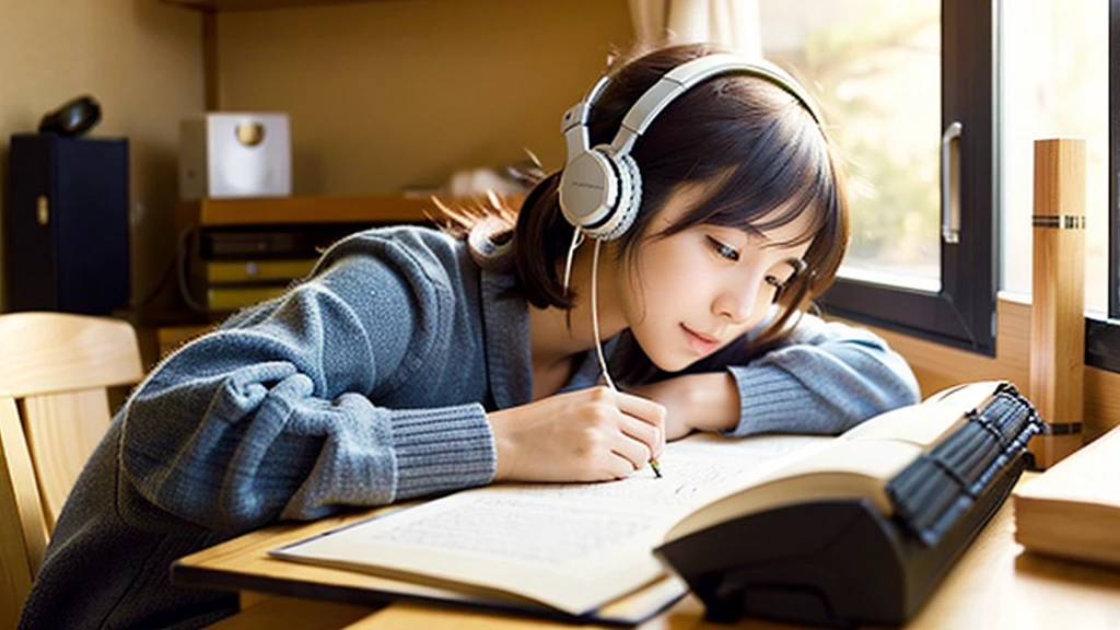 A cute Japanese beautiful girl studying and working at a desk with a kitten、relax、night、Real、focusing、Gentle feeling、wearing headphones、Side view、There's a kitten nearby