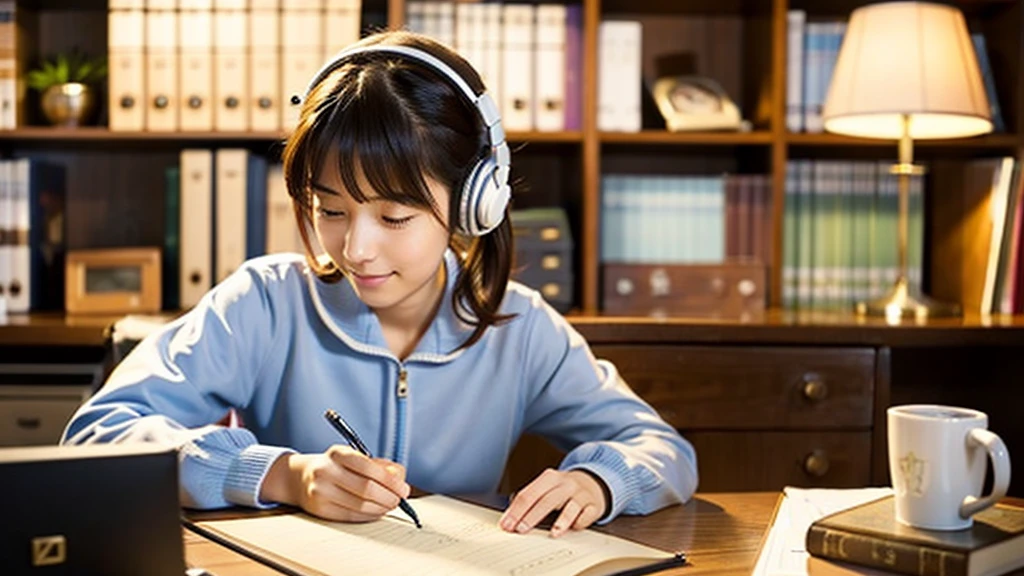 A cute Japanese beautiful girl studying and working at a desk with a kitten、relax、night、Real、focusing、Gentle feeling、wearing headphones、Side view、There's a kitten nearby