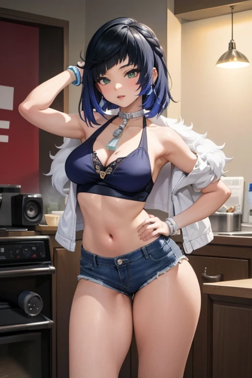 (Yelan, very sensual, in a funk girl outfit, Brazilian, from Rio, dancing funk, wiggling, big ass, thick legs, wearing short denim shorts, wearing a mini blouse, pierced navel, Nike sneakers, big hair, speaker behind, very realistic, extremely sexy, 8k, 8k extremely detailed), (an extremely delicate and beautiful masterpiece), (best quality: 1.0), (ultra high resolution: 1.0)