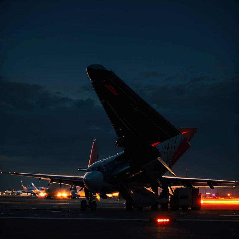 Airport night view,lights flashing,Bloody background,Fallen figure,Dawn Afterglow,The plane roared,Dark plot,Powerful colors,Film Style,Plot suspense,Extreme contrast,Freeze action。