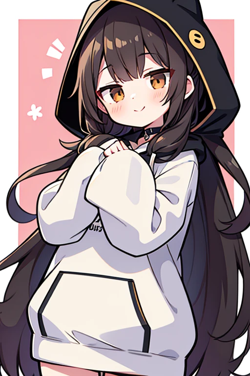 anime,manga,1girl, solo, hood, brown eyes,long hair, long sleeves, bangs, hood up, white hoodie,looking at viewer, black hair, puffy long sleeves, hoodie, puffy sleeves,drawstring, blush, closed mouth, virtual youtuber, sleeves past wrists, smile