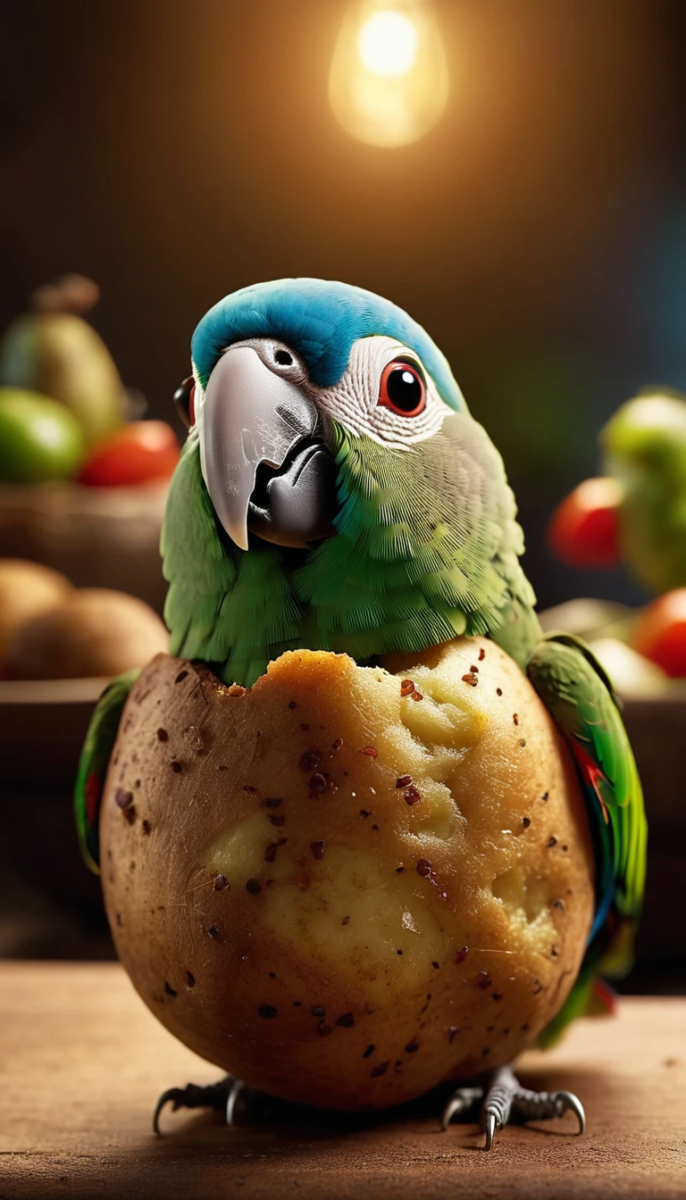 Foodpets Very cute and charming anthropomorphic potato parrot, Looking at the audience, Macro, Movie Lighting, Fantasy Art, Dynamic Synthesis, Epic reality, Award-winning illustrations