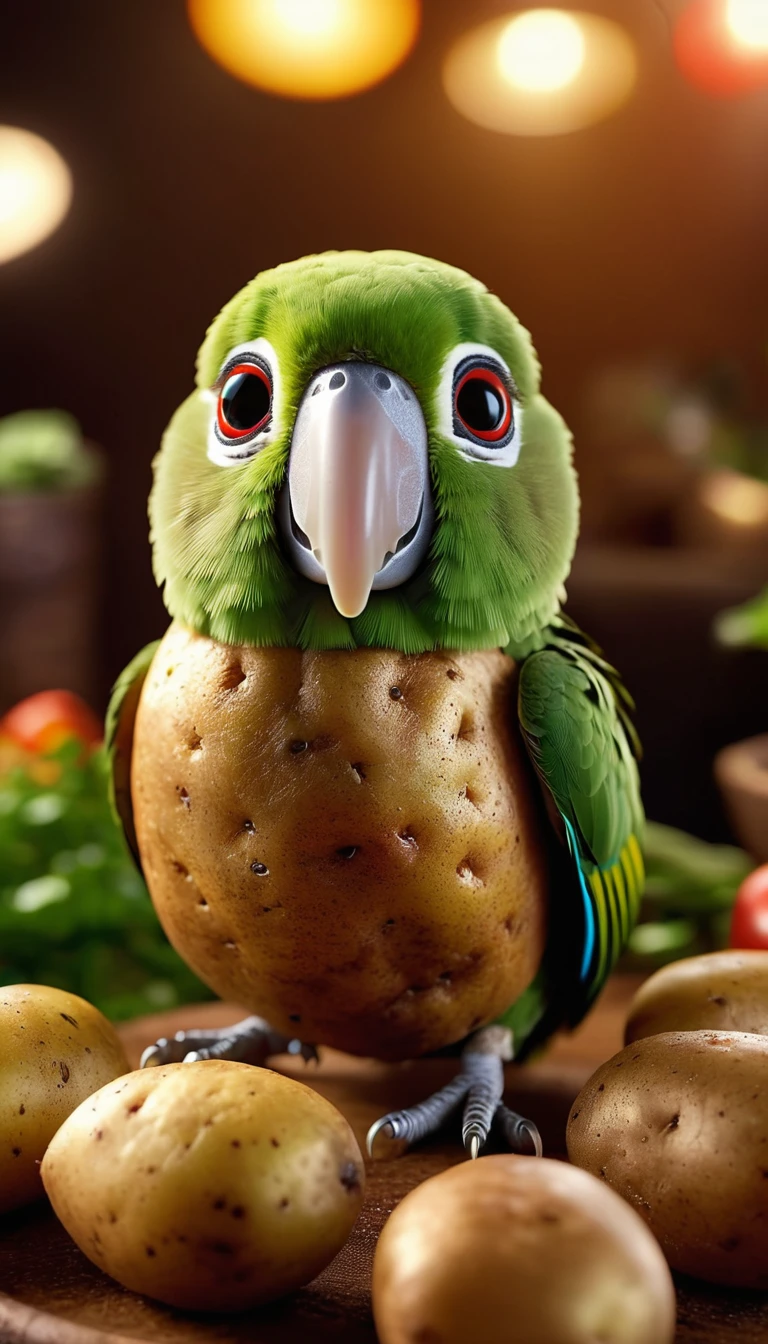 Foodpets Very cute and charming anthropomorphic potato parrot, Looking at the audience, Macro, Movie Lighting, Fantasy Art, Dynamic Synthesis, Epic reality, Award-winning illustrations