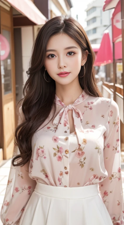 best quality, Realistically, Ultra Detailed, high resolution, 8k wallpaper, 1 beautiful woman,Glowing skin、Japanese Girls、 Pink wet lips, a floral blouse、White skirt, Lock focus, Perfect dynamic composition, beautiful eyes, Fine hair, Detailed Realistically skin texture, Smile, Close-up portrait, Model figure, On the café's terrace, (full-body shot), He sits,Support your body with your elbows, look at me.、Cross your legs、afternoon tea time、Cups and saucers、cake、Beautiful Feet、Long-distance shooting,