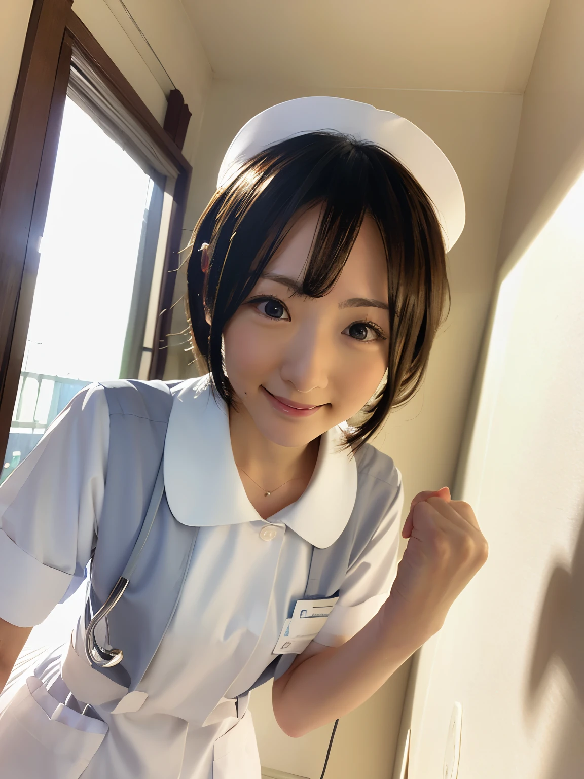 (RAW photo, highest quality), 1 girl, Natural light, nurse uniform, nurse cap, hospital, region, smile, white, Upper body,zoom up