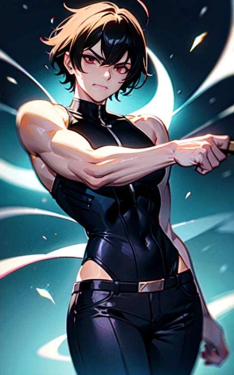 a messy short ponytail black-haired, grey eyes soft and cute male strip dancer