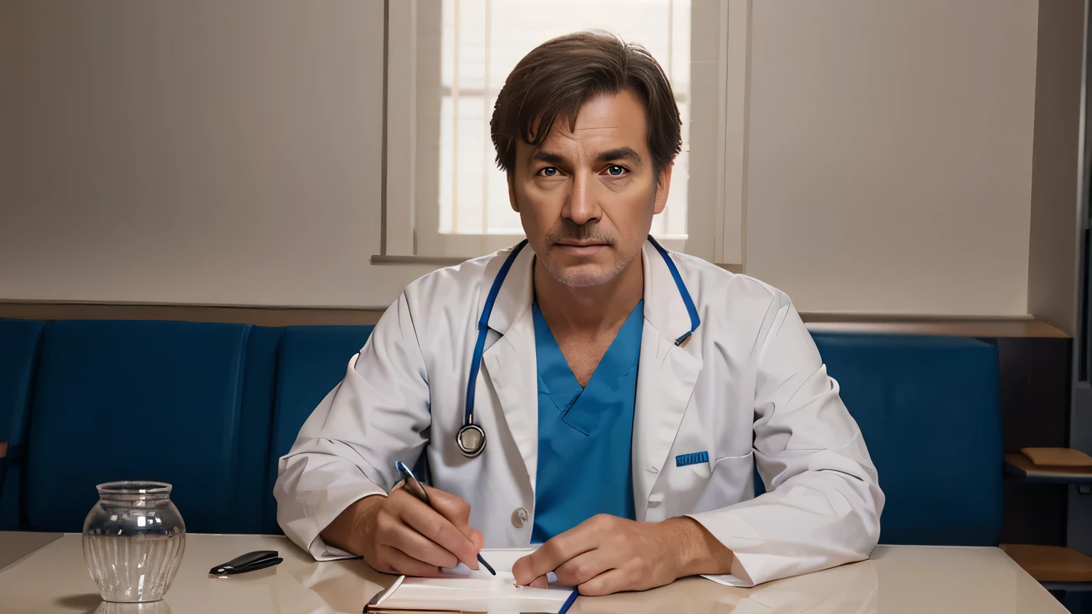 Doctor is a 55-year-old man who works as a doctor. He is wearing medical's clothes, a white (medical gown) and blue shirt. With short, dark brown hair and blue eyes, a face like Alexander Fedosav 's. Doctor is seated at a round table, on which sits a crystal vase with a bouquet of pink roses. Doctor exudes a good mood and serene presence.