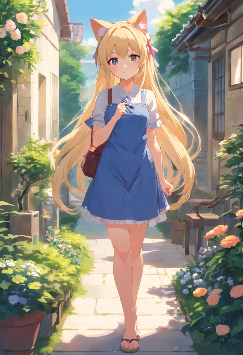 (Long blonde hair and cat ears),Anime girl in a blue dress stands in front of the house., li in dress, small curvy , Cute anime waifu in pretty outfits, splash anime art , cute anime girl, beautiful anime girl, Anime purple girl with long hair, beautiful anime girl, anime girl, Clean, detailed anime art., Portrait of a cute anime girl,No need to crimp your arms.,standing in the garden,Anime girl with cat ears wears one piece., in breakfast set, , artwork in the style of Gouvice, Gouvice on pixiv artstation, Gouvice on artstation pixiv, Gouvice, small woman, soft anime illustrations, Anime image of a cute girl, Detailed digital anime art