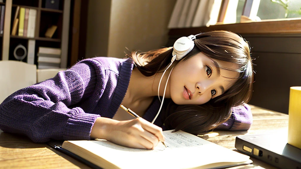 A cute Japanese beautiful girl studying and working at a desk with a kitten、relax、quiet night、Real、focusing、Gentle feeling、wearing headphones、Side view、There's a kitten nearby、Best image quality