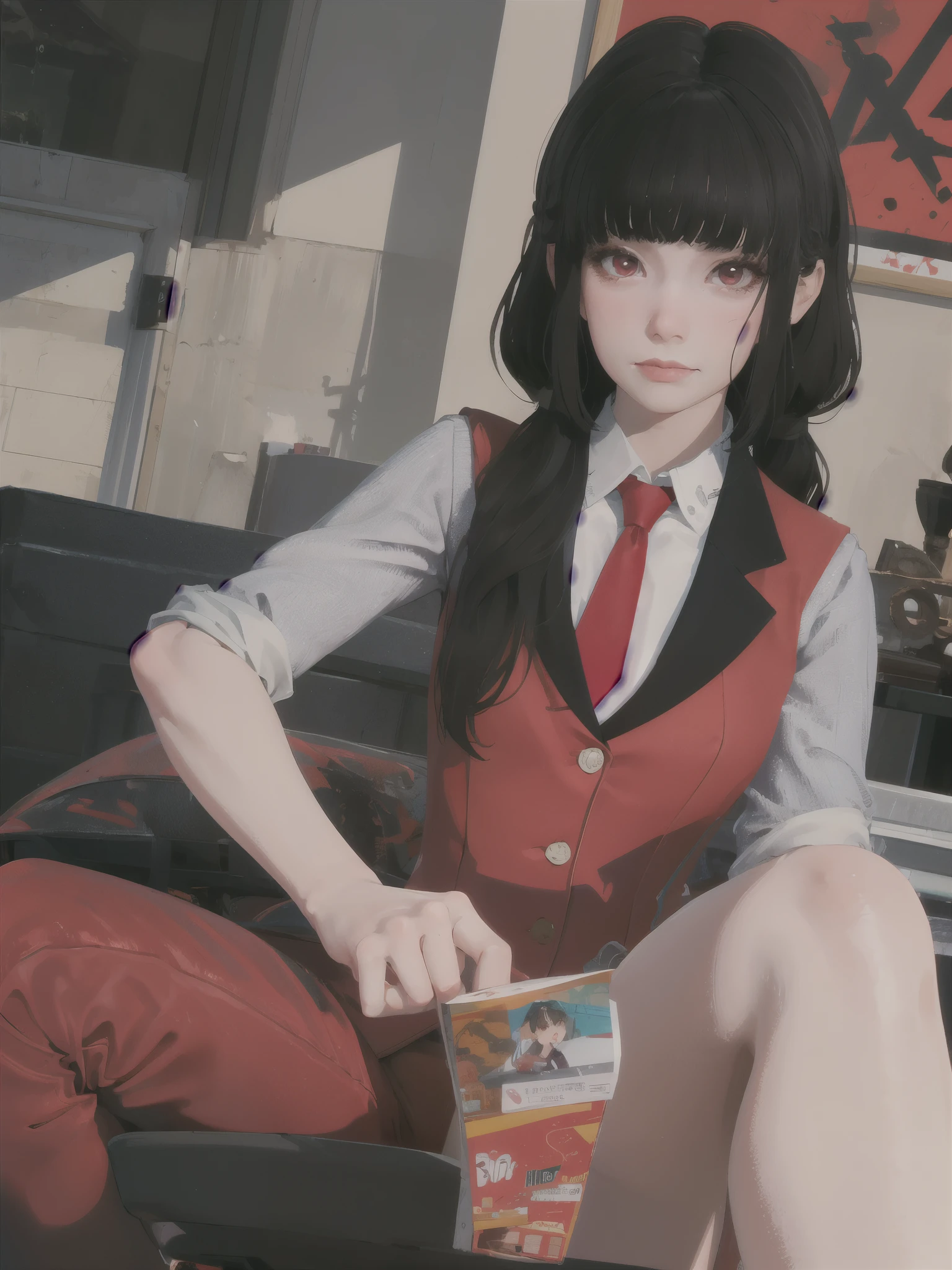 masterpiece, highly detailed, best quality, 1girl, solo,
Luna, black hair, red eyes, long hair, blunt bangs, red tie, gray blazer