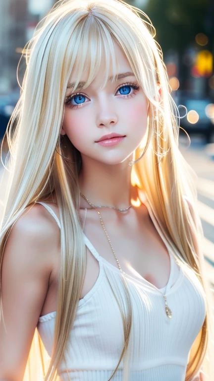 Shining blonde dancing in front of a pretty face、Long silky bangs over the eyes、Bright pale white sky blue eyes、Very beautiful highlights of the eyes、Long blonde hair on face、Super long straight silky hair、Super long, flowing blonde hair that shines with bright, straight hair、sexy cute young woman、gross face、cheek gloss、bright look、small face beauty、15-year-old beautiful Nordic girl