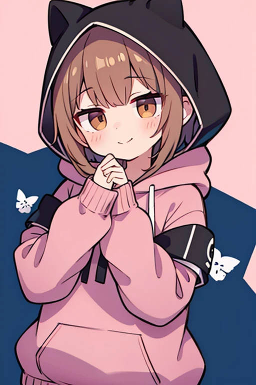 anime,manga,1girl, solo, hood, brown eyes,short hair, long sleeves, bangs,pink hoodie,looking at viewer, brown hair, puffy long sleeves, hoodie, puffy sleeves,drawstring, blush, closed mouth, virtual youtuber, sleeves past wrists, smile