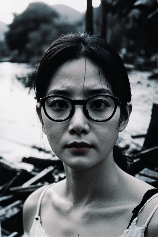 Devastation,ruins,narrow eyes,Showa,Glasses,Women,Black and White,
