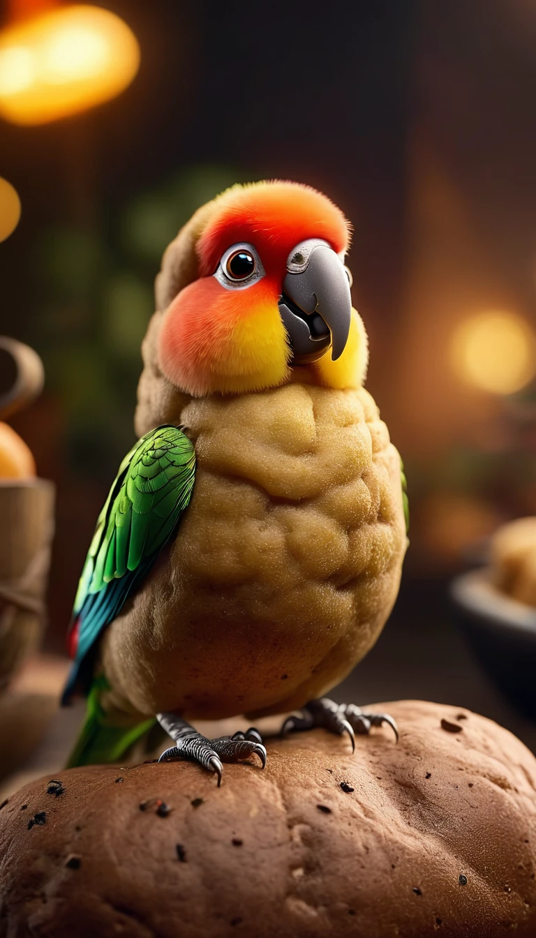 Foodpets Very cute and charming anthropomorphic potato parrot, Looking at the audience, Macro, Movie Lighting, Fantasy Art, Dynamic Synthesis, Epic reality, Award-winning illustrations