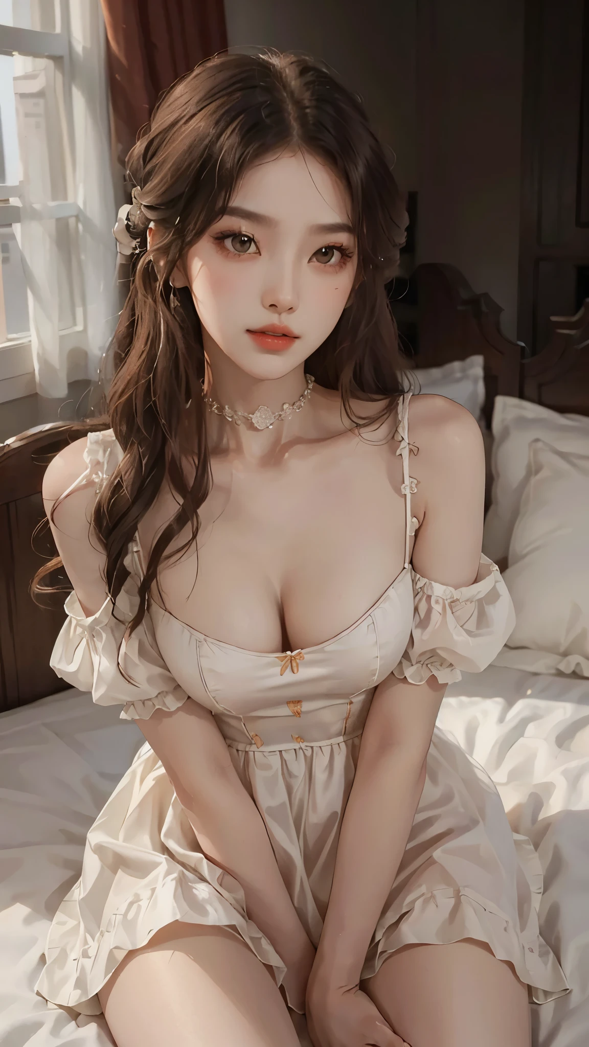 wearing puff_dress, ((Yushuxin,1 Girl,Solitary)), Warm colors, Atmosphere, 4K, masterpiece, high resolution, ridiculous, Bare shoulders, Sexy long legs, on the bed, Strike a pose, brown wavy hair, lust, eyes, Shy, Pure Desire, Tempting, Sexy pose, Big breasts, Very detailed face, Light and delicate makeup, Charm and sophistication, Attractive posture, beauty, grace, lifelike, Very detailed, amazing, beauty的, Young and energetic, Charming model