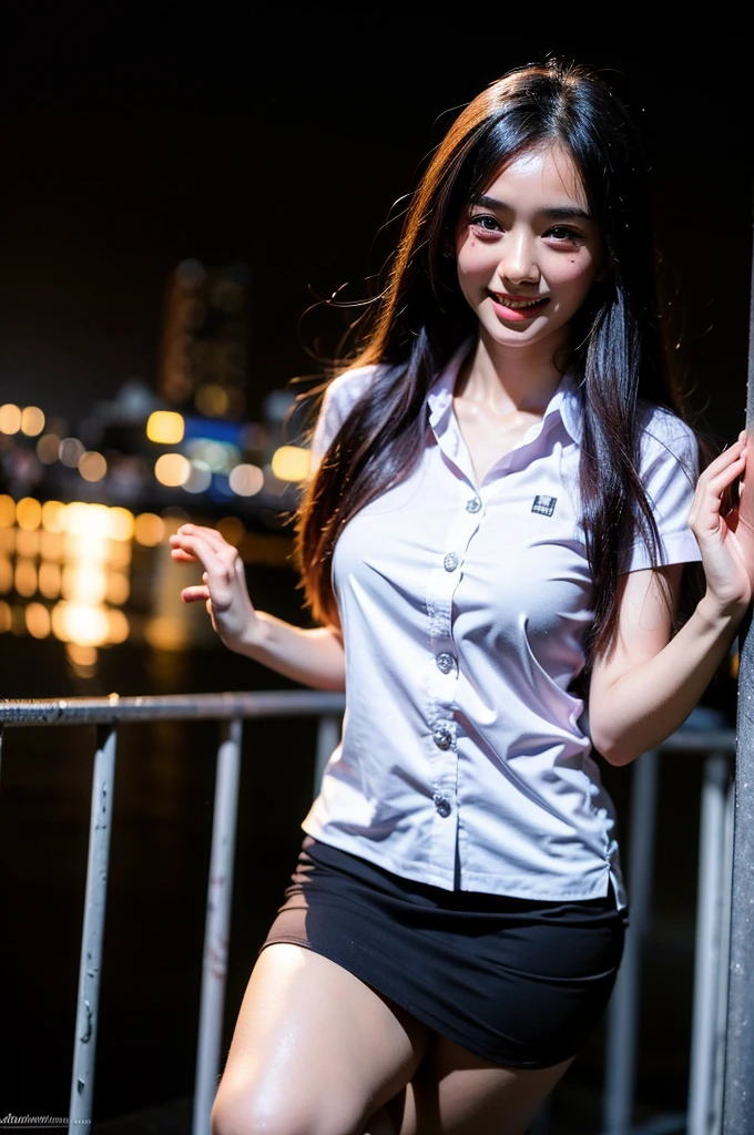 best quality, 8k, highly detailed face and skin texture, high resolution, big tits cute asian girl stand in city at night