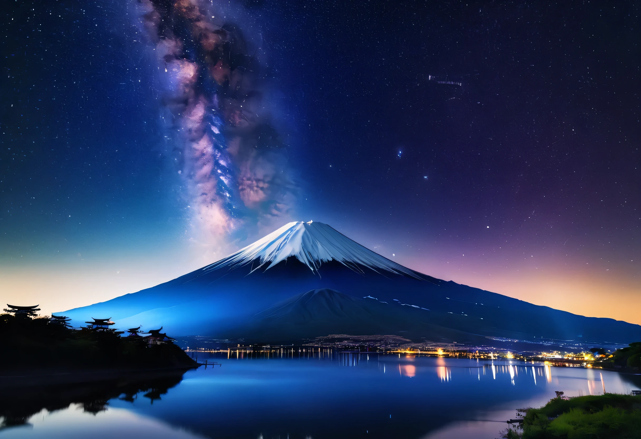 Big mountain with starry sky and lake, Meters. Fuji Mountain, mount Fuji Mountain, 4k yen / 8k yen, 4K/8k, 2023 4K, mount Fuji Mountain on the background, milky way light, milky way, by Tadashi Nakayama, Fuji Mountain choko, Japan at night, 4K/8, mount Fuji Mountain in the background