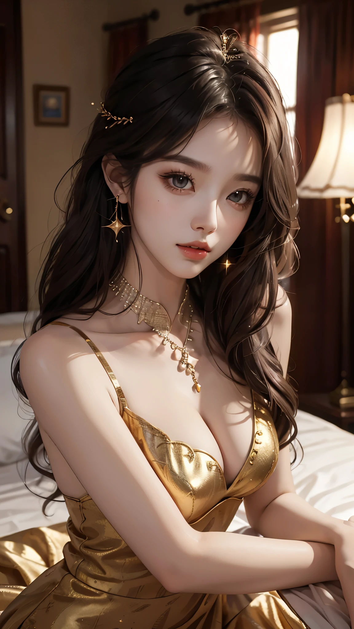 constellation, ((Yushuxin,1 Girl,Solitary)), Warm colors, Atmosphere, 4K, masterpiece, high resolution, ridiculous, Bare shoulders, Sexy long legs, on the bed, Strike a pose, brown wavy hair, lust, eyes, Shy, Pure Desire, Tempting, Sexy pose, Big breasts, Very detailed face, Light and delicate makeup, Charm and sophistication, Attractive posture, beauty, grace, lifelike, Very detailed, amazing, beauty的, Young and energetic, Charming model