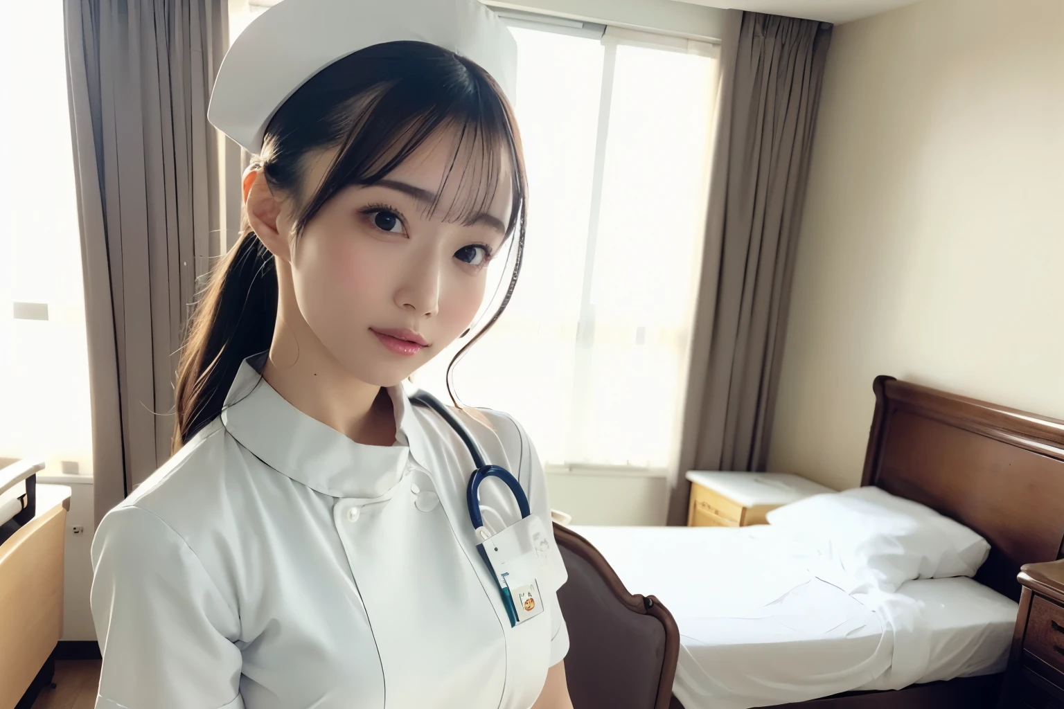 1 girl,(Wearing white nurse clothes:1.2),(Raw photo, highest quality), (realistic, photo-realistic:1.4), masterpiece, very delicate and beautiful, very detailed, 2k wallpaper, wonderful, finely, very detailed CG unity 8k wallpaper, Super detailed, High resolution, soft light, beautiful detailed girl, very detailed eyes and face, beautifully detailed nose, finely beautiful eyes, nurse, perfect anatomy, black hair, up style, nurse uniform, ((nurse cap)), long skirt, nurse, white costume, thin, hospital, clear, White uniform, hospital room, Neck auscultation,