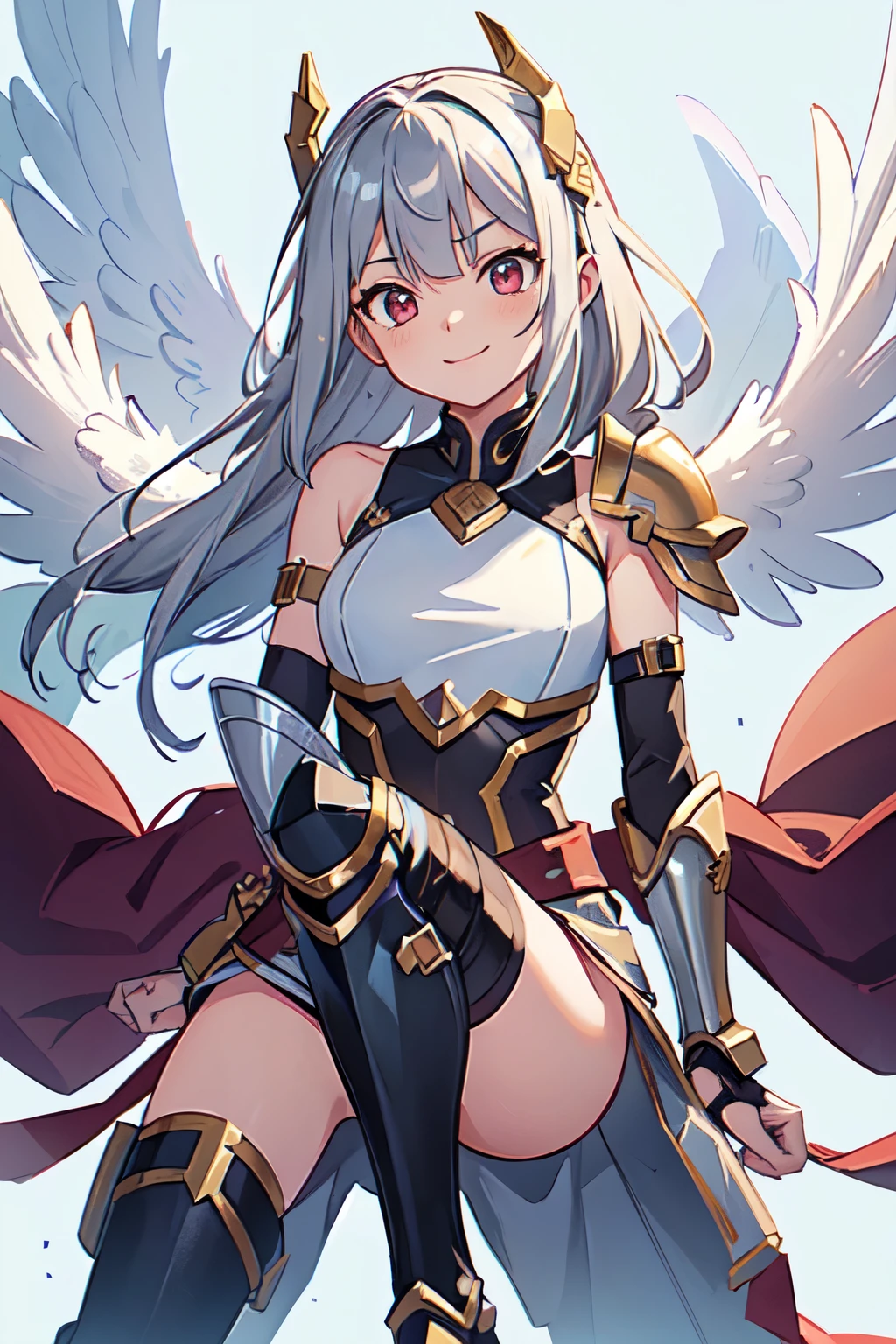Fantasy, 1angel_girl,, ,, Moderate_Bob_hair, length_front hair, Hello,just_shoulder,Knee socks,Silver_armor, Waist_armor, big_chest,anger,smile, 1pair_wing, dynamic_ Pause_Finding,floating, just_share, headgear,Gauntlet, Shin Guards,city_null_background,Slightly_Spread the word_foot, alone, Share_naked,(masterpiece, highest quality, highest quality, Official Art, beautifully、aesthetic:1.2), (1 girl), Very detailed,