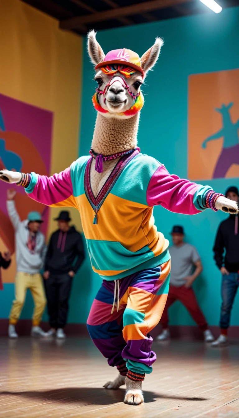 realistic photo, anamorphic alpaca, breakdancing alpaca, strange dancing pose on head, breakdancingbpose, wearing loose colorful dance clothes, raw photo, shallow depth of field, Immersive background