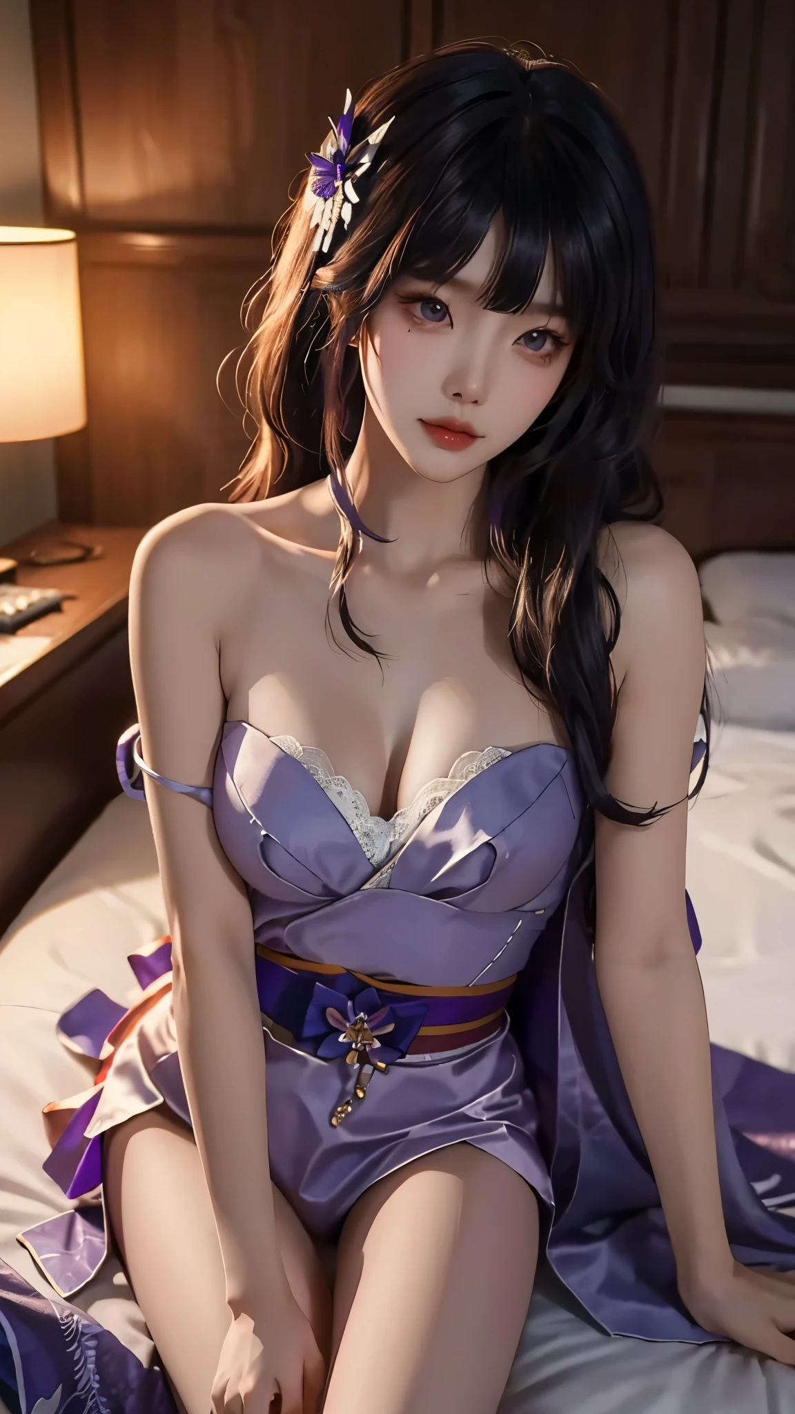 Raiden_Ei, ((Yushuxin,1 Girl,Solitary)), Warm colors, Atmosphere, 4K, masterpiece, high resolution, ridiculous, Bare shoulders, Sexy long legs, on the bed, Strike a pose, brown wavy hair, lust, eyes, Shy, Pure Desire, Tempting, Sexy pose, Big breasts, Very detailed face, Light and delicate makeup, Charm and sophistication, Attractive posture, beauty, grace, lifelike, Very detailed, amazing, beauty的, Young and energetic, Charming model