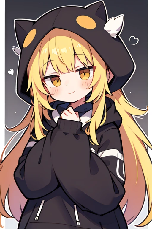 anime,manga,1girl, solo, hood, brown eyes,long hair, long sleeves, loose curly hair ,bangs, hood up, white hoodie,looking at viewer, yellow hair, puffy long sleeves, hoodie, puffy sleeves,drawstring, blush, closed mouth, virtual youtuber, sleeves past wrists, smile,
