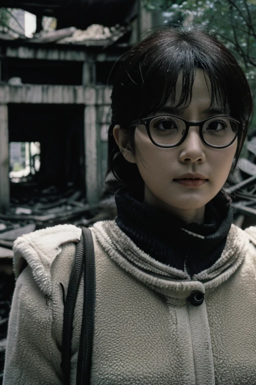 Devastation,Inside the ruins,end of the century.narrow eyes,Showa,Glasses,Women,adventure,Black and White,