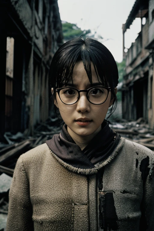 Devastation,Inside the ruins,end of the century.narrow eyes,Showa,Glasses,Women,adventure,Black and White,