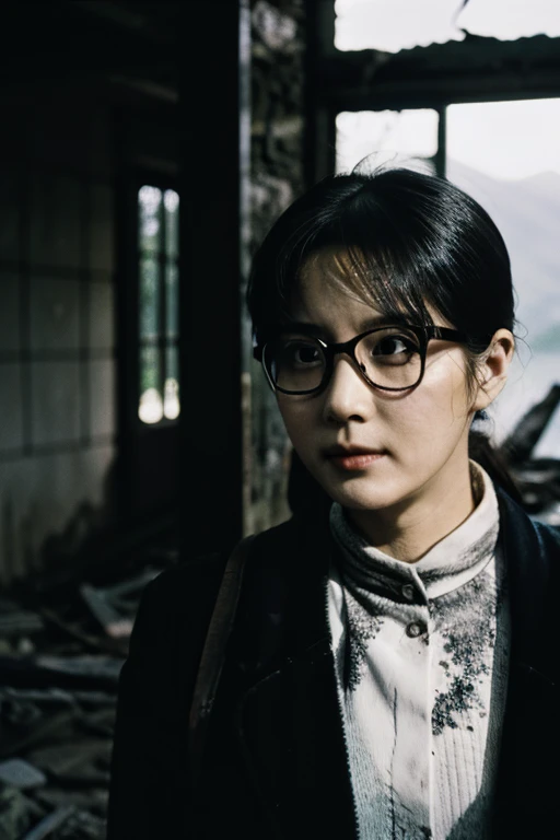Devastation,Inside the ruins,end of the century.narrow eyes,Showa,Glasses,Women,adventure,Black and White,