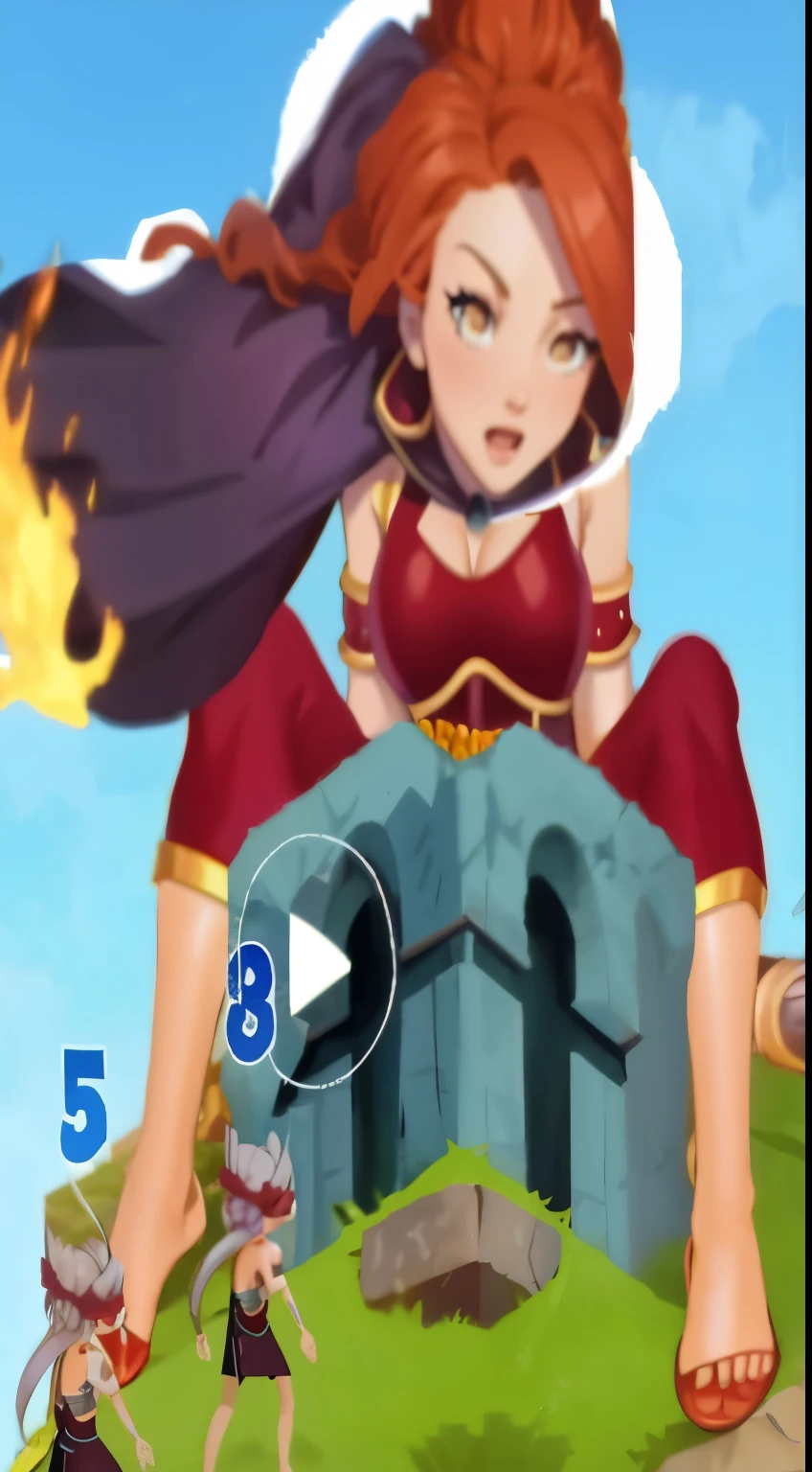 Close-up of cartoon character sitting on rock, Hero Pose, Crazy girl summons death, standing over a tomb stone, Game Video, The ancient ruins behind her, Epic Mage Girl Character, Summoning terrible opportunities, Cast an epic spell, Jump Jump Heroic Attack, Appears as a fire goddess, Powerful busty witch, epic angle and pose,2D,Second Dimension,Sexy