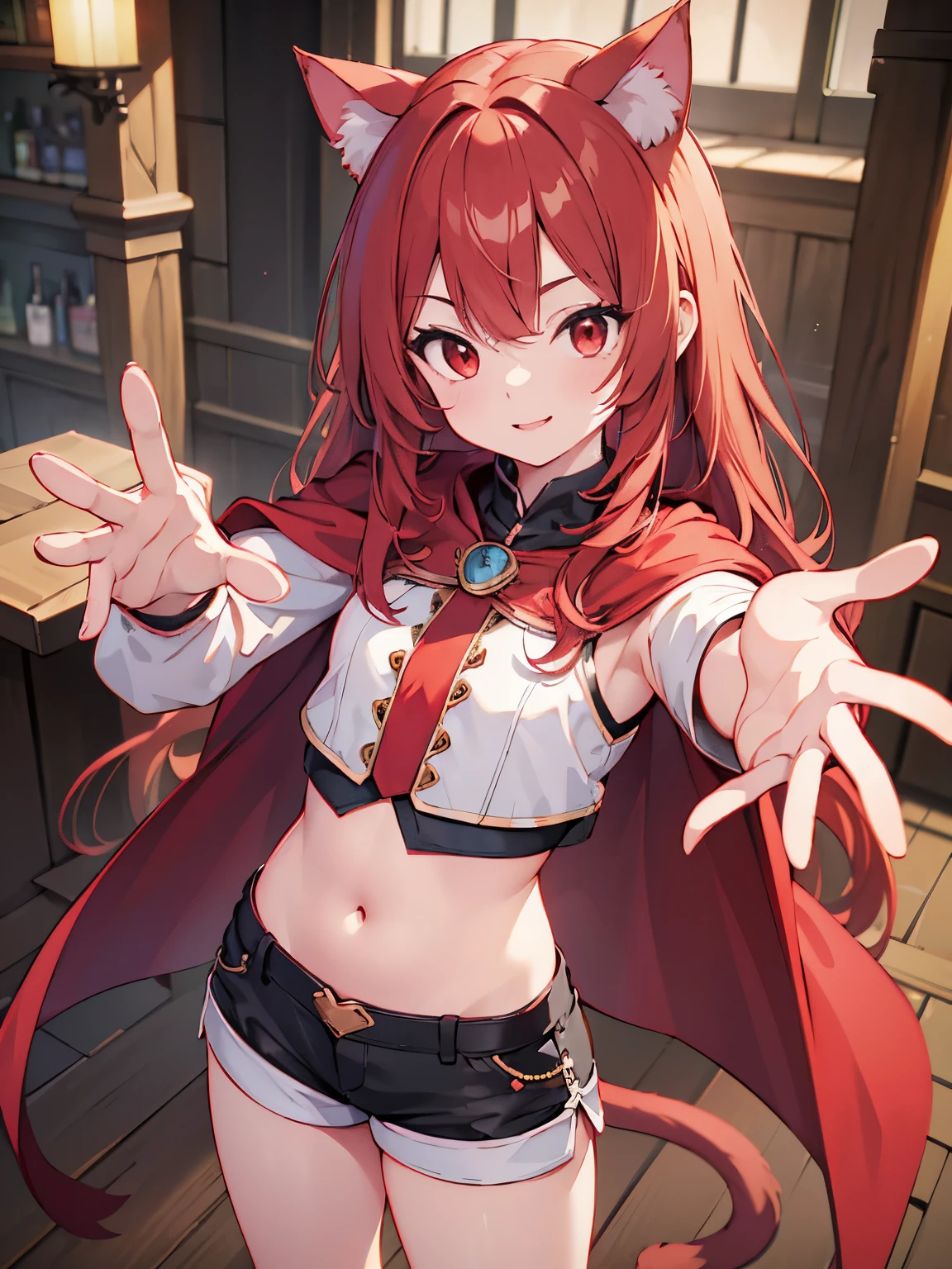 (master piece:1.2), (best Quality:1.2), (ultra detailed:1.2), (highres:1.2), 4k, 8k, cowboy shot, look at viewer, long hair, straight hair, small breasts, straight hair, (red hair:1.2), (red eyes:1.2), pela skin, eyes focus, smile, slender, fantasy,  girl, flat chest, tiny, short statur, Medieval bar, from above, cat ear, cat tail, crop top, cape, short shorts, outstretched hand