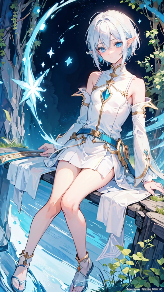 Anime Elf boy, male, not girl, teenage, with short white hair, blue eyes,cute, gorgeous, magical, beautiful, white beautiful Elf outfit,nature background