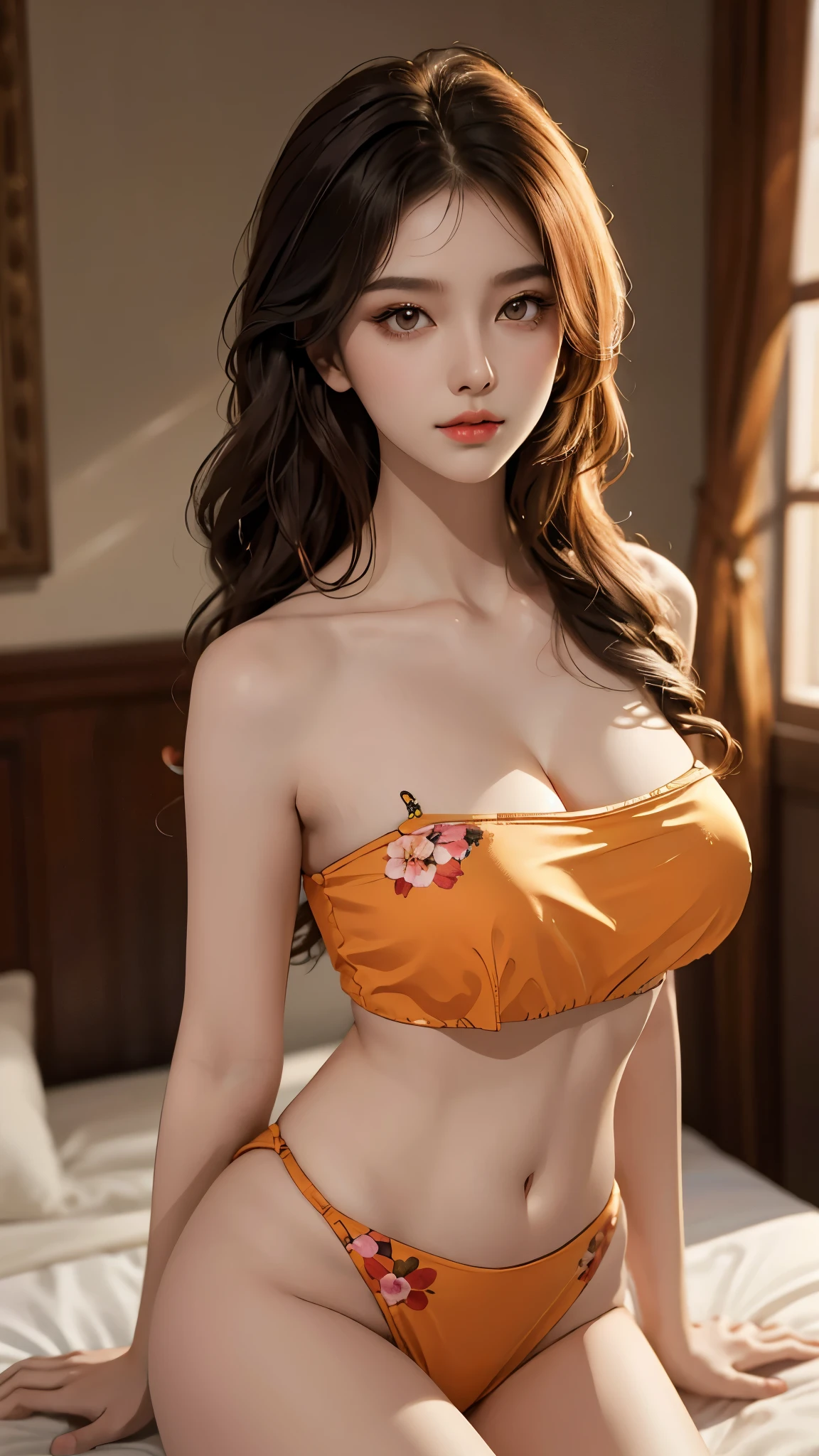 nsfw, breasts curtain, floral print, cleavage,navel,bare shoulders, bare arms, ((Yushuxin,1 Girl,Solitary)), Warm colors, Atmosphere, 4K, masterpiece, high resolution, ridiculous, Bare shoulders, Sexy long legs, on the bed, Strike a pose, brown wavy hair, lust, eyes, Shy, Pure Desire, Tempting, Sexy pose, Big breasts, Very detailed face, Light and delicate makeup, Charm and sophistication, Attractive posture, beauty, grace, lifelike, Very detailed, amazing, beauty的, Young and energetic, Charming model