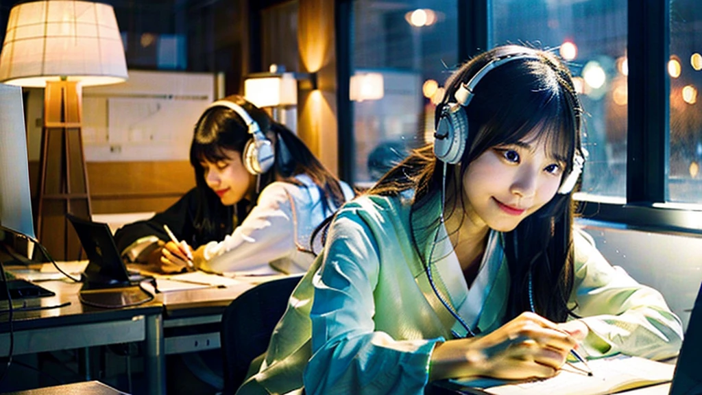 A cute Japanese girl studying or working at her desk、relax、night、Real、focusing、Gentle feeling、wearing headphones、Side view