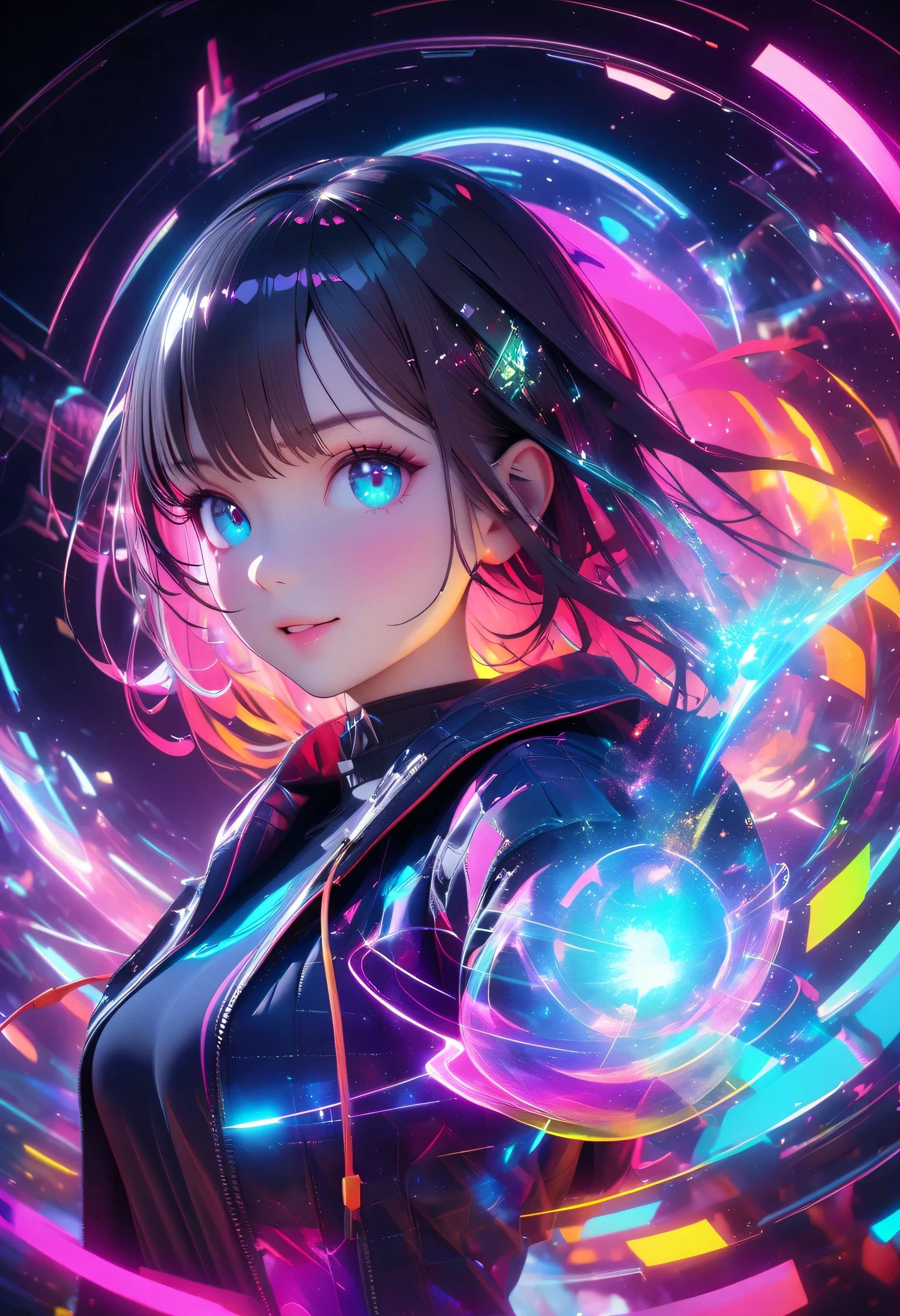 holography, draw in neon colors:1 girl:Future, transparent, Three dimensions, light, SF, Digital art, Digital, scientific, dark background: electronic circuit: draw in neon colors, 3D, masterpiece, Digital space, energy, beautiful, masterpiece, 8K, light, be familiar with, lively, colorful, nice, beautiful, rich colors, beautiful Light Lines. magic effect, Sparkling, beautiful Light Grains