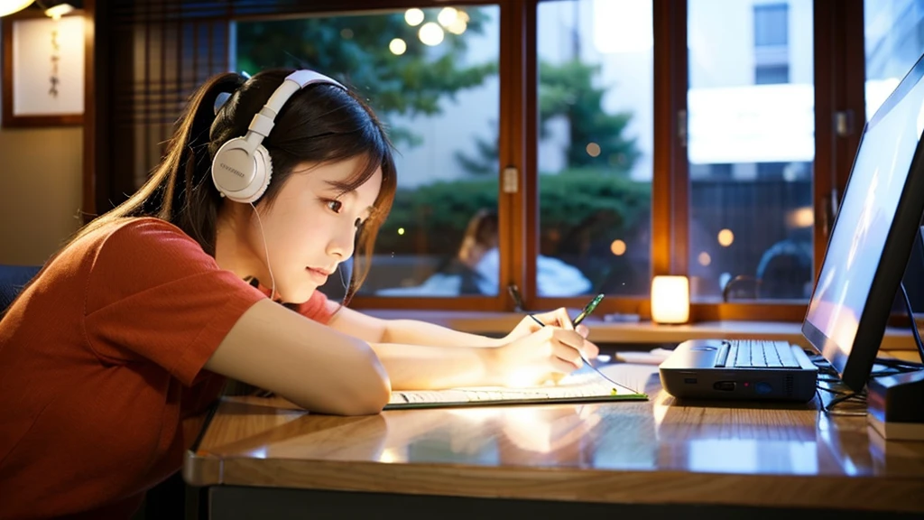 A cute Japanese girl studying or working at her desk、relax、night、Real、focusing、Gentle feeling、wearing headphones、Side view