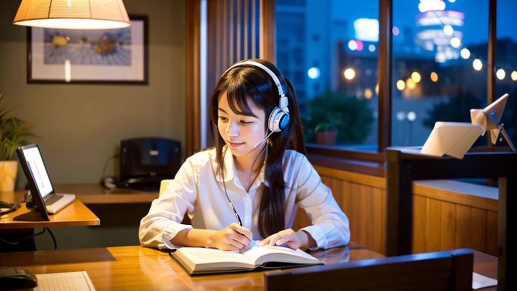 A cute Japanese girl studying or working at her desk、relax、night、Real、focusing、Gentle feeling、wearing headphones、Side view