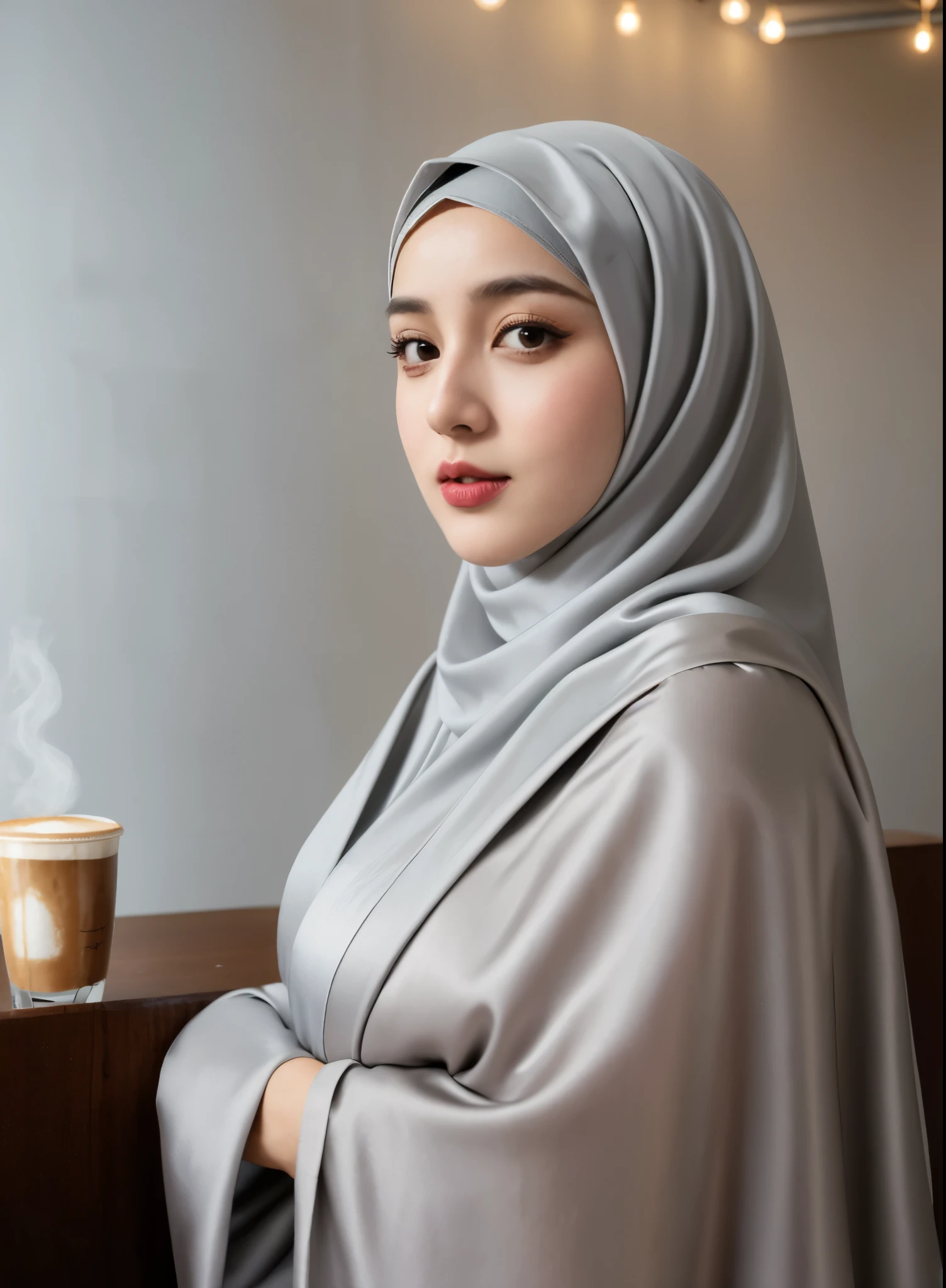 RAW photo of a 24 year old girl wearing hijab, satin abaya sexy light gray , satin, hijab face portrait,((coffee shop background)), 8k uhd, dslr, soft lighting, high quality, film grain, Fujifilm XT3, covered dress, patterned dress, gigantic breasts:1.5