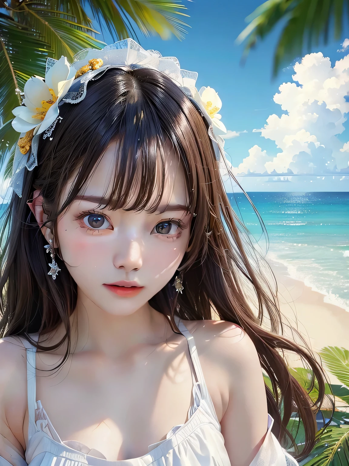 (Surreal)、(hight resolution)、(8K)、 (ighly detailed)、(Ultra clear skin pores)、(top-quality、masterpiece:1.3)、a beauty girl、Beach background、It's hot
