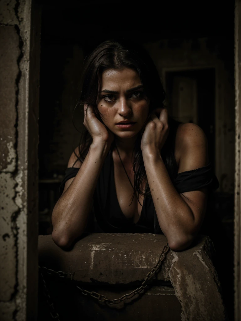 (Top quality, 4k, 8K, high resolution, Masterpiece: 1.2), Super detail, (realistic, photo realistic, photo-realistic: 1.37), oil painting, vivid colors, dark lighting, horror, mass kidnapping, forced collective sex, helpless beautiful European woman, struggling, seductive beauty, Wild gang members, intense emotions, teary eyes, fear floating on her face, tied realistic hands and feet. In an abandoned tuff house, sassi_di_matera in background, dusty atmosphere, quiet cries, blood-freezing cries, begging for mercy, pain and anguish, anxious shadows, gritty textures, ominous atmospheres, emotional scenes, tooth-clenching fears, sharp claws, indomitable chains, evil intentions, horrible details, lurking danger, a sense of hopelessness, hopelessness, horrible